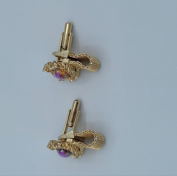 Goldtone Cufflinks Amber Tone Cabachon Aurora Borealis Finish #1182 - Picture 5 of 13